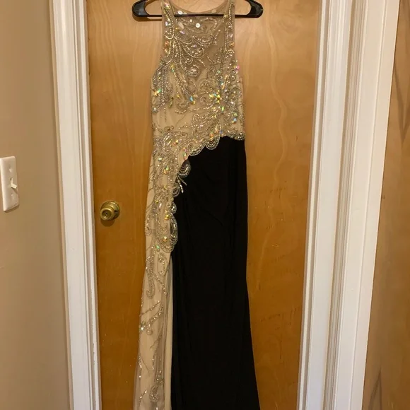 slim fit dress slacks Wedtrend Women Sparkly Gold and Black Formal Dress Velvet V-Neck Gala Dress with Long Sleeves, Gold and Black / US10